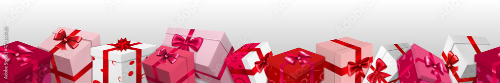 Obraz premium Banner with bunch of red, pink and white gift boxes with ribbons, bows and pattern of hearts. On white background, with seamless horizontal repetition. Valentine's Day illustration.