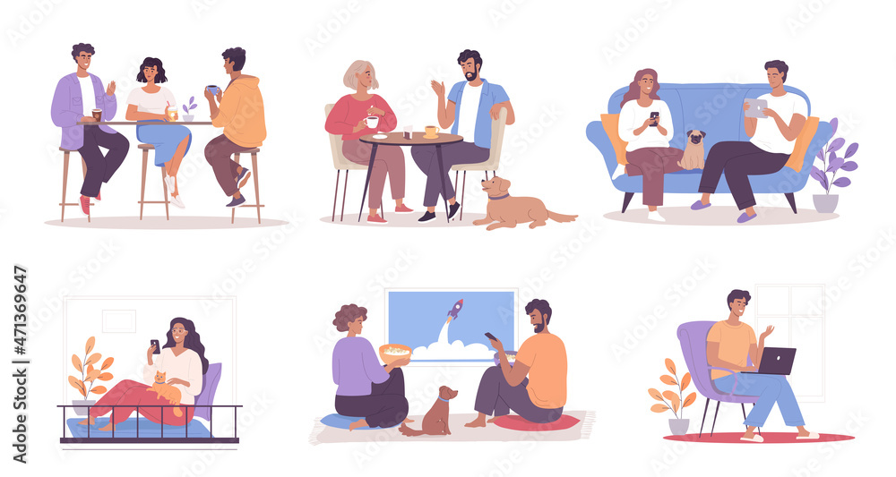 Different people have greet time at coffee shop with friends, resting at home on a couch, working remotely, watching movies Different people have greet time at coffee shop with friends, resting at home on a couch, working remotely, watching movies