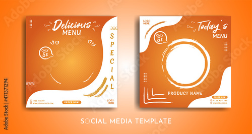 A collection of food menu themed square post social media templates that you can edit. Perfect for business branding, social media posts, web ads, social media ads and food menu posters.
