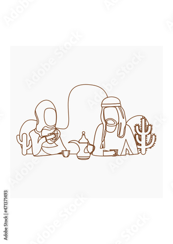 Editable Arab Couple Having Arabic Coffee Vector Illustration With Dallah Pot and Finjan Cups in Outline Style for Islamic Moments or Arabian Culture Cafe Related Design