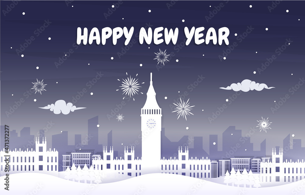 Naklejka premium London Fireworks City Building Winter New Year Paper Cut Illustration