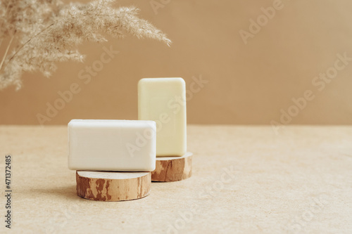 Bars of soap made from natural raw materials beige background. Organic cosmetics Spa health concept natural cosmetics