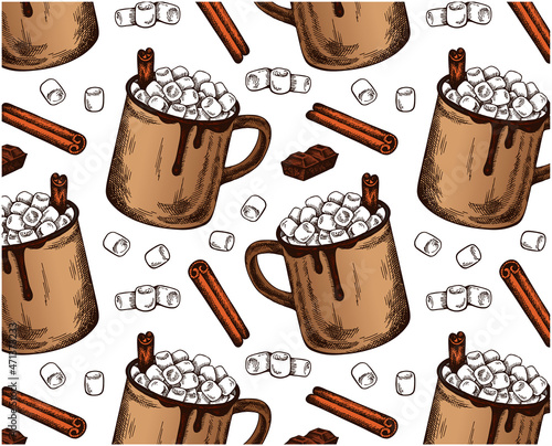 Sketch drawing colorful pattern of hot cocoa with marshmallows and cinnamon isolated on white background. Line art hand drawn hot chocolate wallpaper. Christmas menu, winter drink. Vector illustration