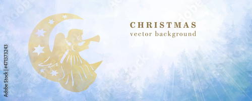 Vector watercolor Christmas background with gold angel and blue sky. Stars. Hand drawn vector texture. Blue and yellow brushstrokes. Template for cards, flyer, poster, banner. Merry Christmas! Winter.