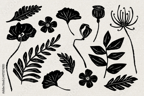 Black flowers psd linocut hand drawn floral collection photo