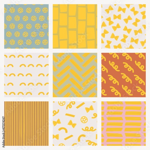 Cute paste food pattern vector background in cute doodle style set