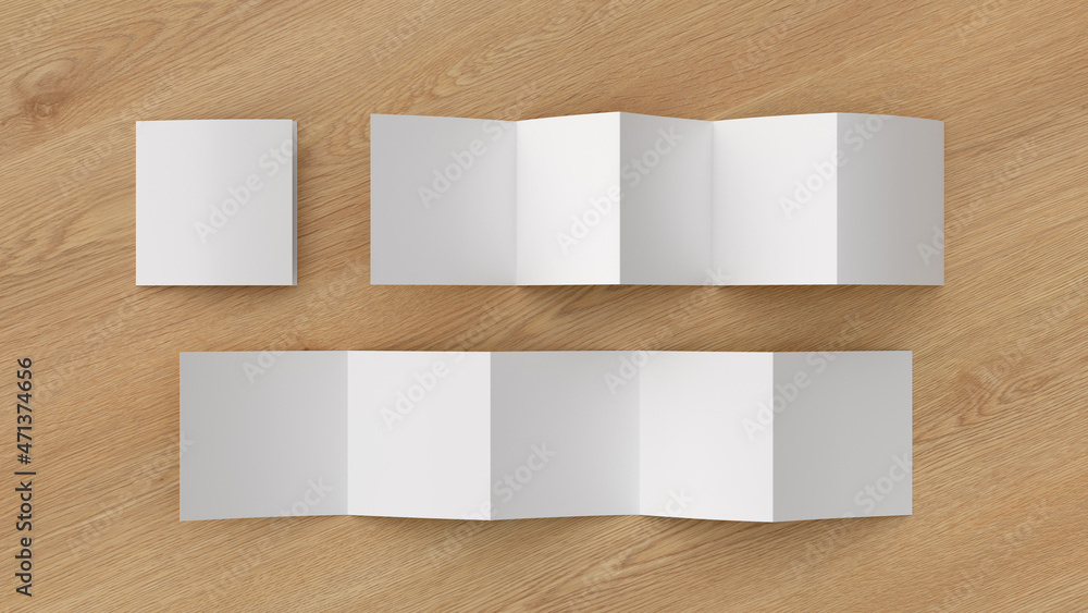 Square pages accordion or zigzag fold brochure mock up on wooden background. Five panels, ten pages leaflet Square pages accordion or zigzag fold brochure mock up on wooden background. Five panels, ten pages leaflet