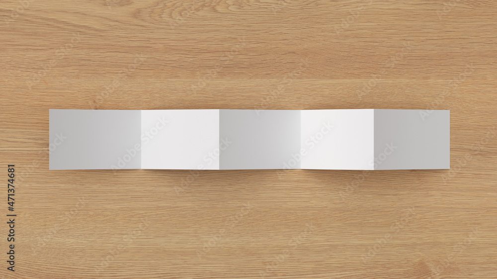 Horizontal pages accordion or zigzag fold brochure mock up on wooden background. Five panels, ten pages leaflet