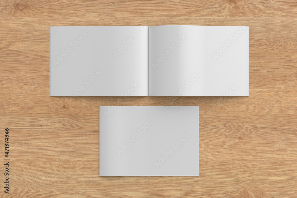 Horizontal brochure or booklet mock up on wooden background. Horizontal brochure or booklet mock up on wooden background.