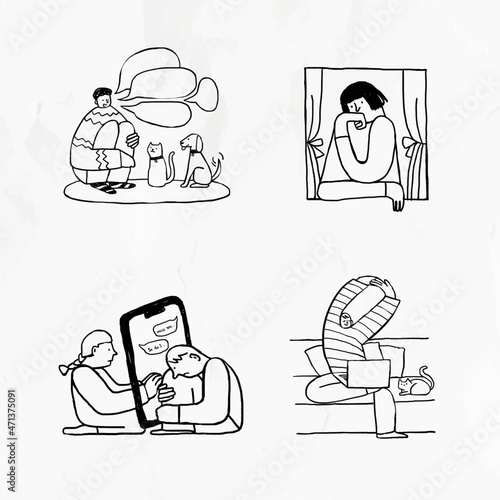 Social issues during the coronavirus crisis doodle element set vector