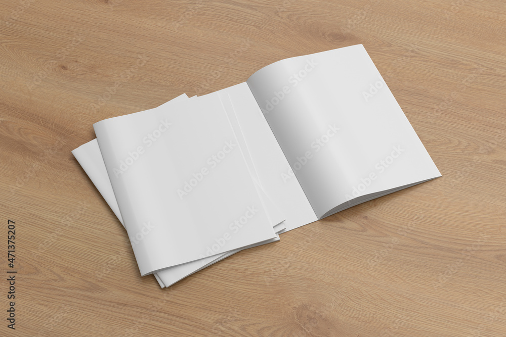Vertical brochure or booklet mock up on wooden background. Vertical brochure or booklet mock up on wooden background.