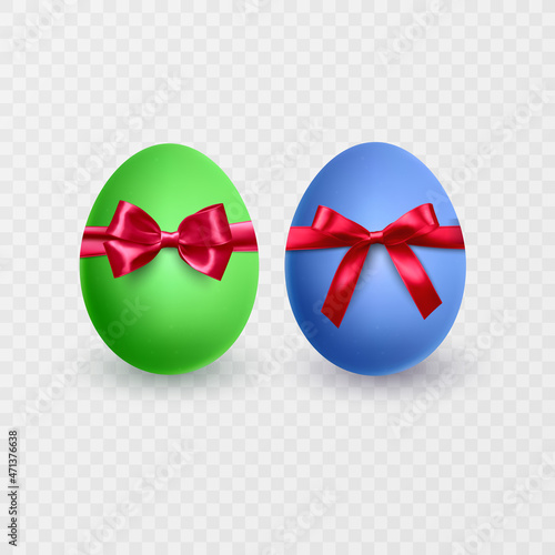 Realistic coloring egg tied a red ribbon with a bow. With shadow on white background, vector illustration