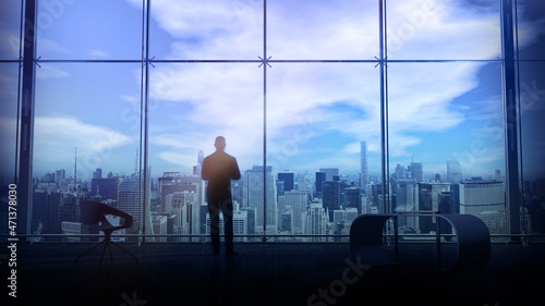 At the office window, a man looks at city buildings from above, 3D render.