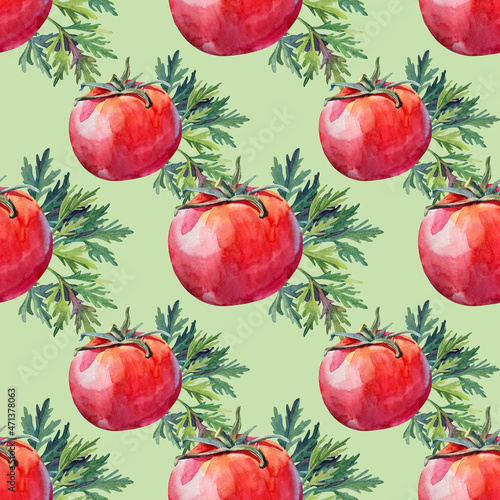 Seamless pattern watercolor red hand-drawn tomato and greenery parsley on green background. Healthy food vegetable for salad or cooking. Creative clipart for menu cookbook kitchen, cafe