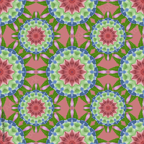 Seamless pattern for continuous replicate. Floral background, photo collage for production of textile, cotton fabric. For use in wallpaper, covers. Mandala drawing in oriental style.