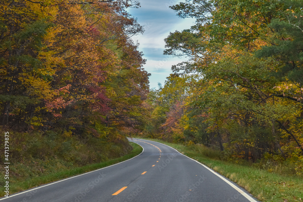Shenandoah National Park, Virginia, USA - November 3, 2021: Skyline Drive, a Winding Country Road Traveling Through Beautiful Fall Foliage