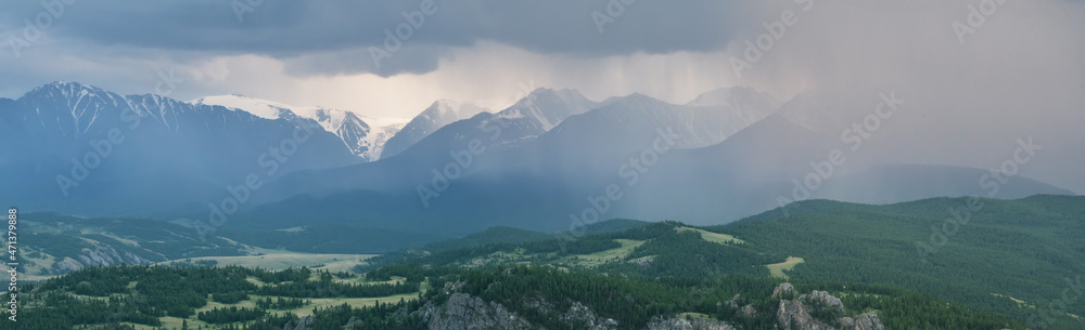 Mountain landscape, panoramic view, gloomy weather