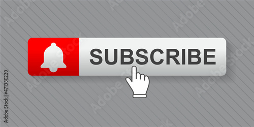 Subscribe button with hand cursor, social media concept.