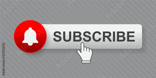 Subscribe button with hand cursor, social media concept.