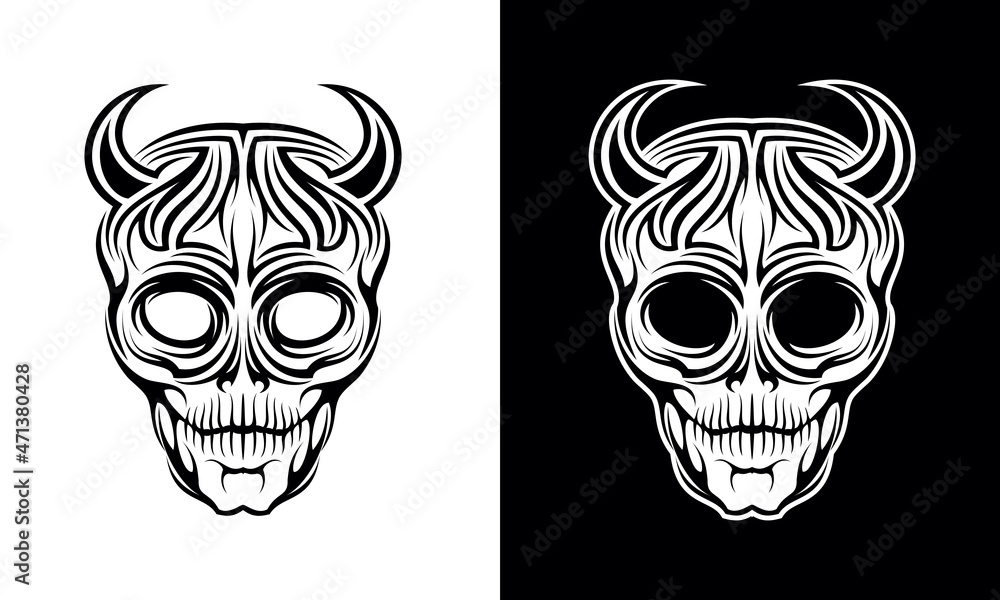 Devil Head With Horn And Viking Tattoo On Black Background. Stock Photo,  Picture and Royalty Free Image. Image 205085632.