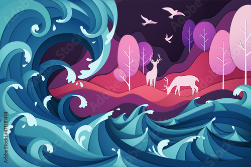 Deer wildlife with vector papercut style of rushing wave