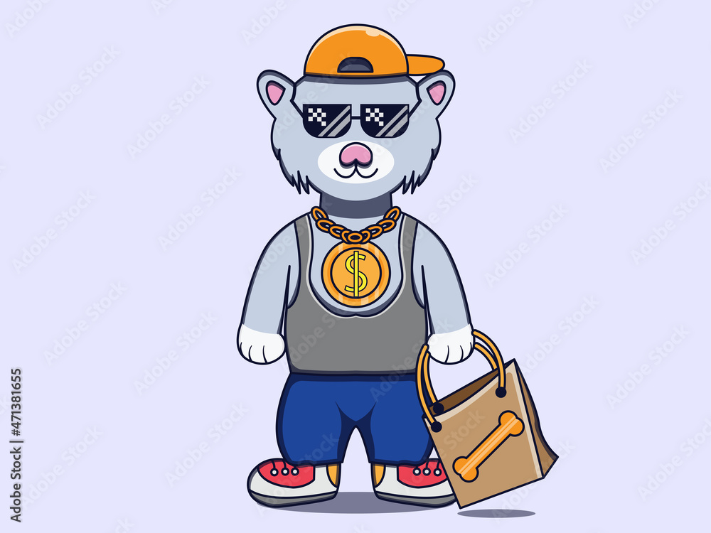 Cat dressed up in swag hip hop rapper style and paper bag character vector icon illustration. Isolated flat design.