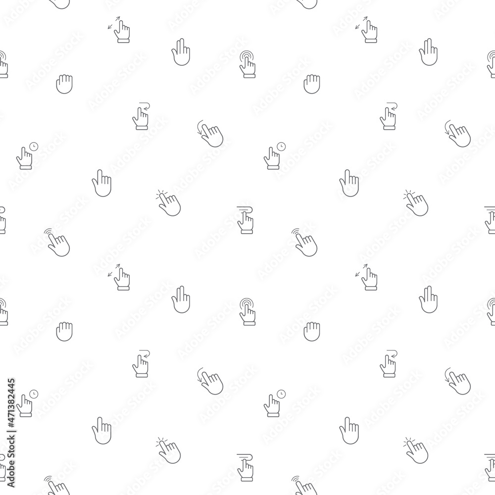 Seamless with hand cursors and Gestures icon on white background. Included the icons pointer, click, motion, sign, icon, signal, Pose and other. Seamless with hand cursors and Gestures icon on white background. Included the icons pointer, click, motion, sign, icon, signal, Pose and other.