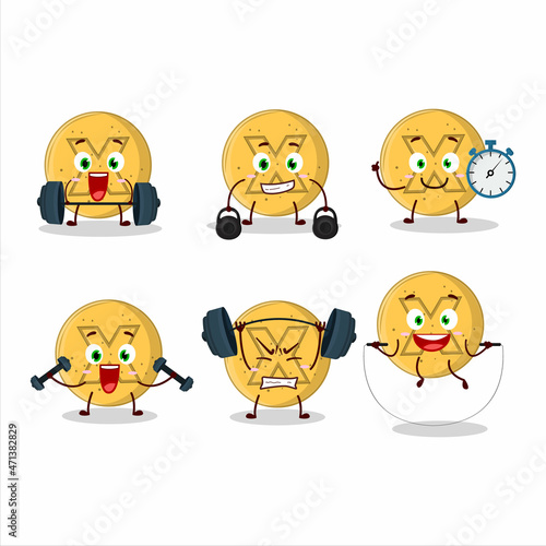 A healthy dalgona candy disagree cartoon style trying some tools on Fitness center