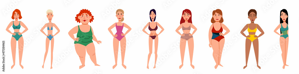 A set of positive multinational female characters of different shapes in swimsuits. Vector illustration in a flat style, isolated on a white background. A set of positive multinational female characters of different shapes in swimsuits. Vector illustration in a flat style, isolated on a white background.
