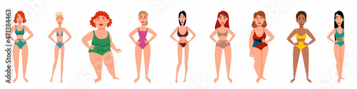 A set of positive multinational female characters of different shapes in swimsuits. Vector illustration in a flat style, isolated on a white background.