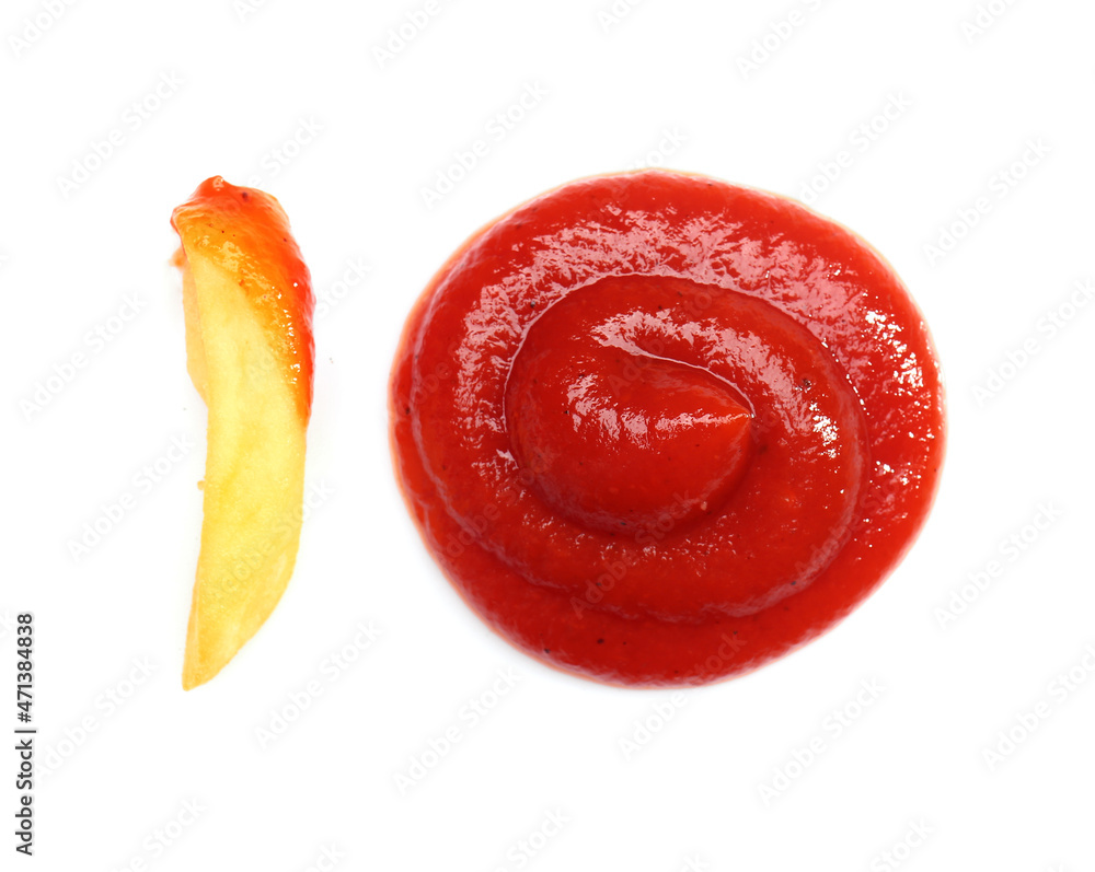 Tasty french fries with tomato sauce on white background Tasty french fries with tomato sauce on white background