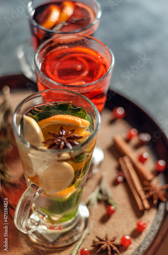 cup of 
mulled wine and tea with cinnamon and mint