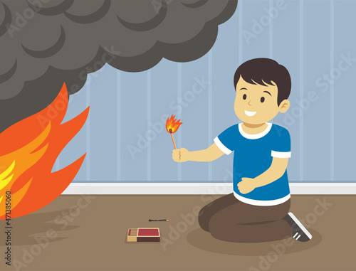 Male kid playing with matches at home. Child sets fire. Fire safety rule. Flat vector illustration template.