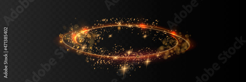 Magical light effect. Rotating luminous ellipses. Dynamic golden rings on black background.