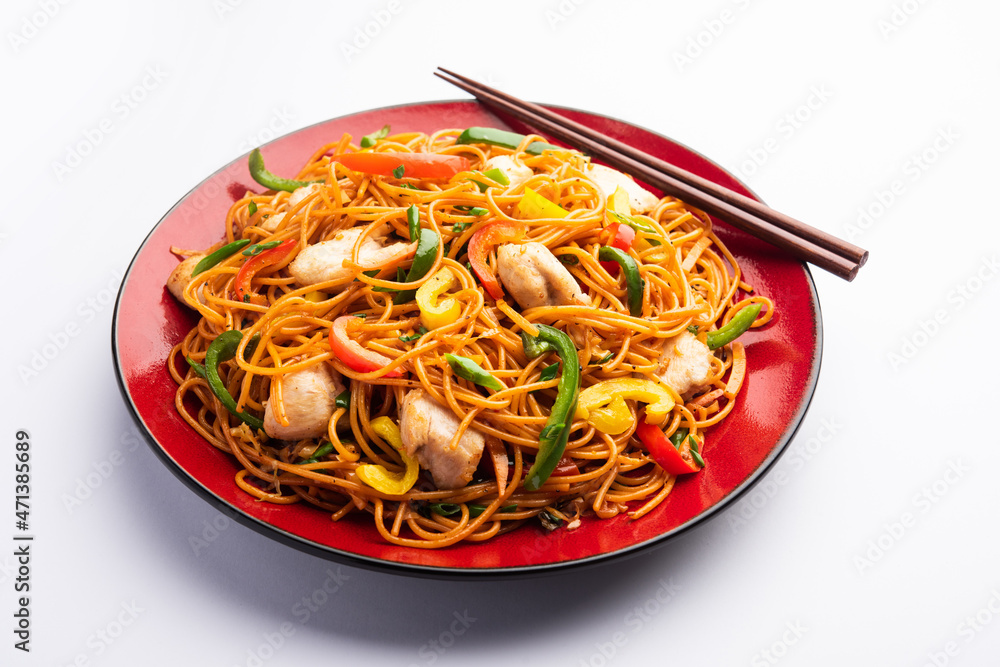 Chicken Hakka noodles or Schezwan or Szechwan noodles Stock Photo ...