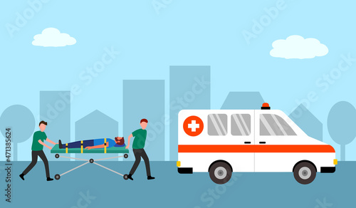 Professional medical emergency staffs carrying patient to hospital ambulance in flat design. © Orapun