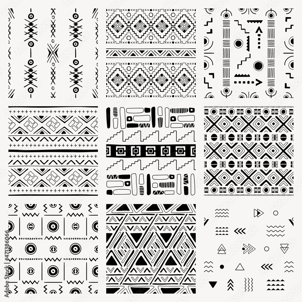 Tribal pattern background, black and white seamless geometric design, vector set