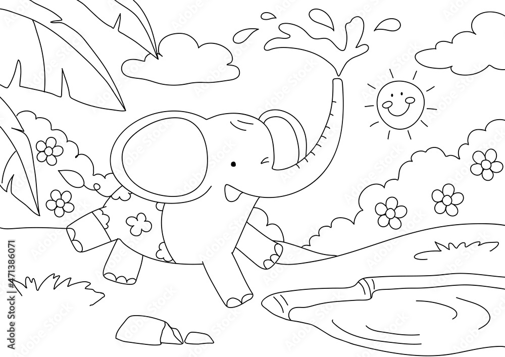 Elephant kids coloring page vector, blank printable design for children to fill in Stock Vector