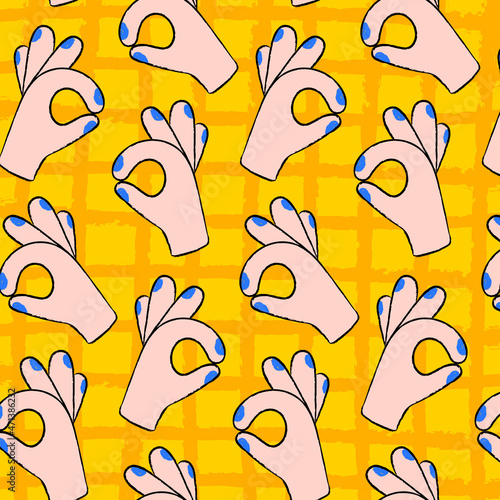 Cute ok hand background, gesture pattern in doodle design vector