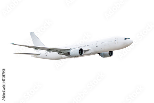 Flying white wide body passenger airplane isolated on white background