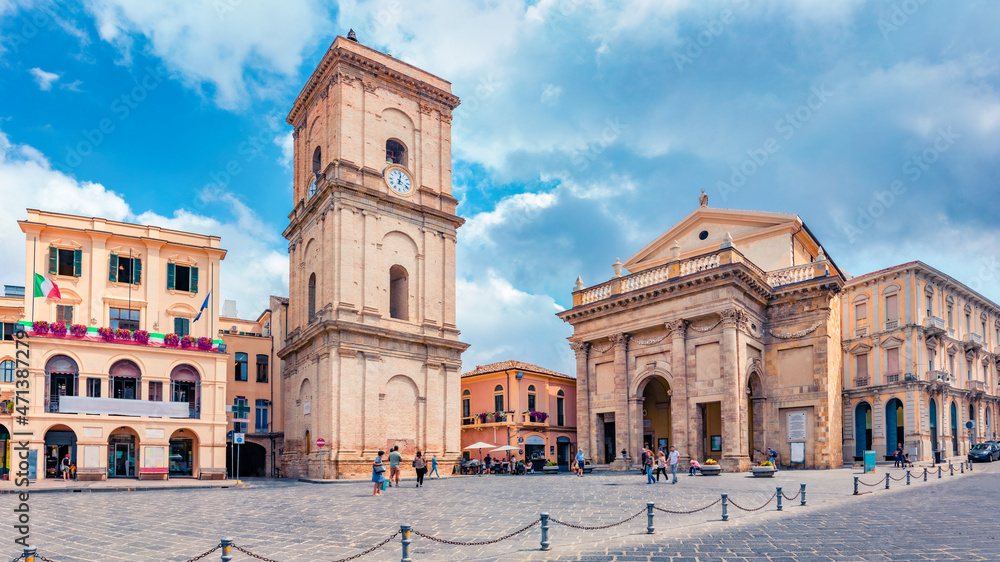Beautiful summer view of Lanciano Cathedral and famous historical place - Ponte di Diocleziano. Captivating morning cityscape of Lanciano town, Italy, Europe. Traveling concept background.