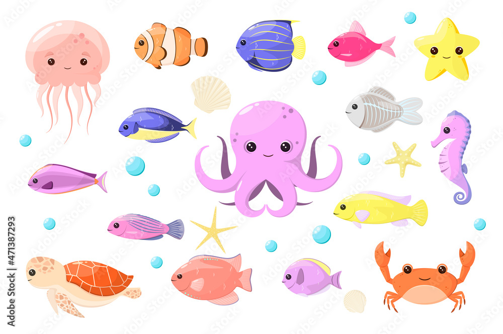 A set of cute sea animals on a white background. Cartoon design.
A set of cute sea animals on a white background. Cartoon design.