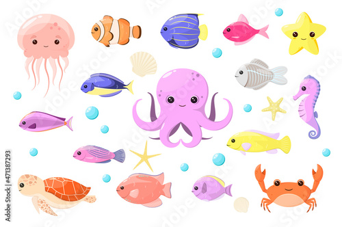 A set of cute sea animals on a white background. Cartoon design. 