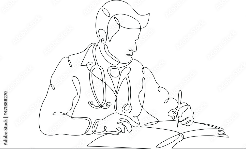 One continuous line.Medical doctor with stethoscope. Doctor writes. Medicine and healthcare. Doctor visit.One continuous drawing line logo isolated minimal illustration.