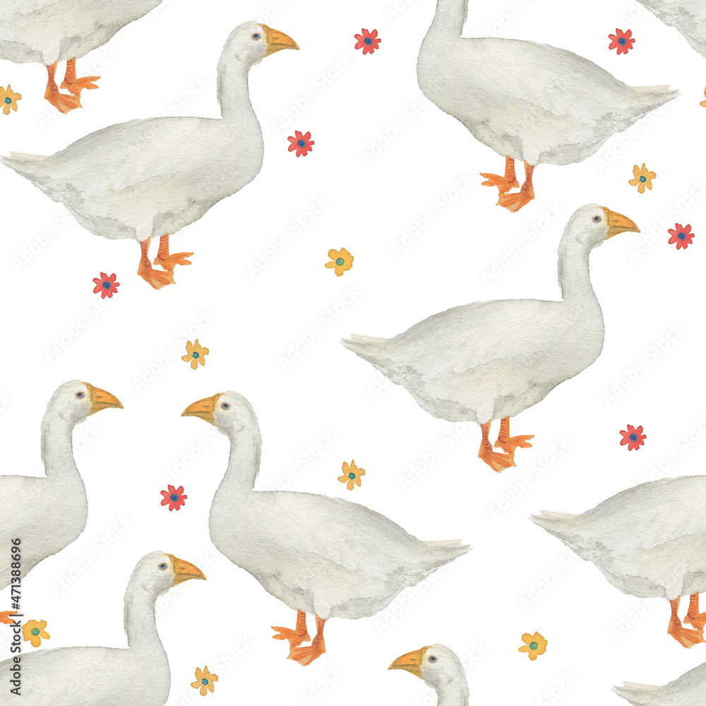 Watercolor painting seamless pattern with geese and flowers, rustic background Watercolor painting seamless pattern with geese and flowers, rustic background