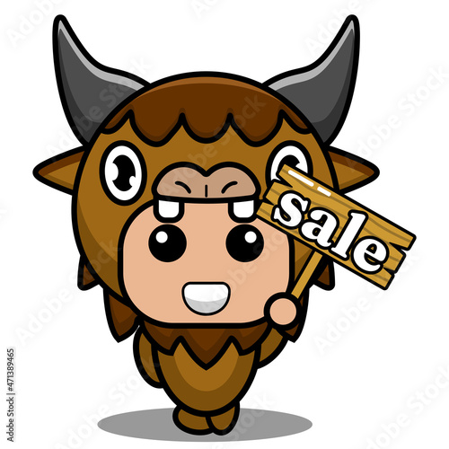 vector cartoon character cute animal bison mascot costume holding selling board