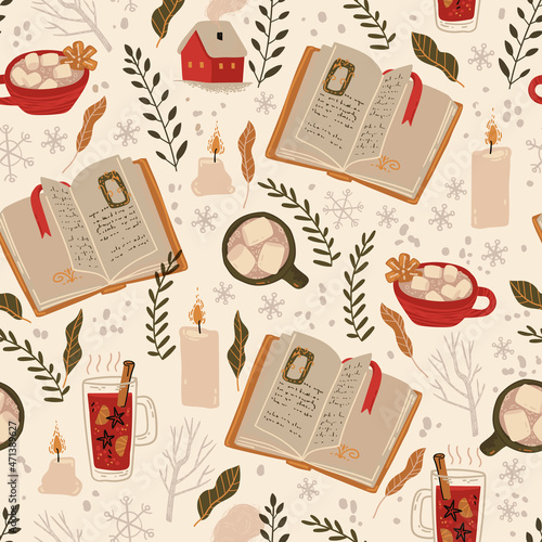 Winter holiday seamless pattern with book of fairy tales, cocoa and other winter symbols. Christmas and New Year decorations.