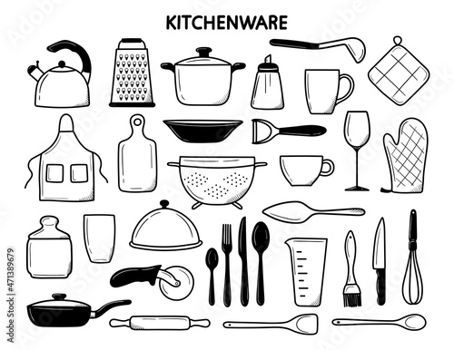 A set of insulators for baking. Cute hand drawn kitchen tools vector illustration in black outline and white plane on white background.