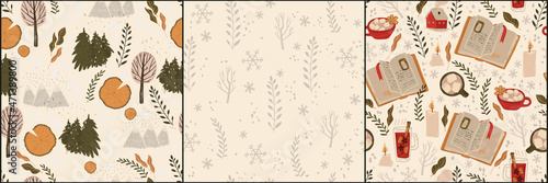 Winter holiday seamless pattern collection with book of fairy tales, cocoa, natural landscape, forest, field and other winter symbols. Christmas and New Year decorations.