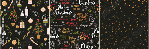 Winter holiday seamless pattern collection with snow, tree, gifts, Christmas lettering and quotes and other winter celebration symbols. Christmas and New Year decorations.